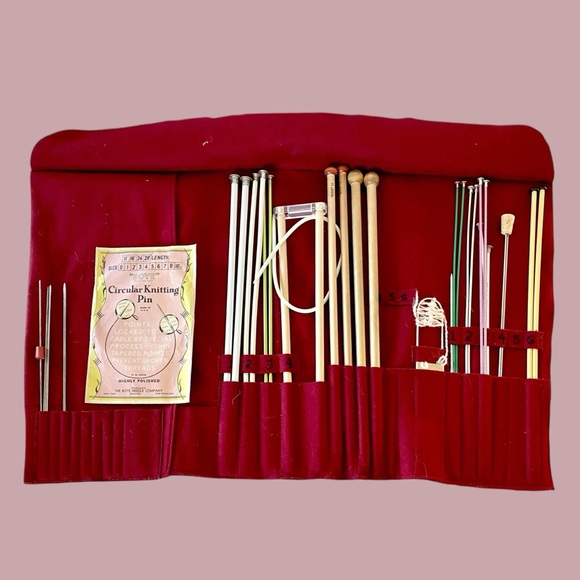Vintage Red Wool Knitting Needle Roll w/ Vintage Needles Mother of Pearl Button